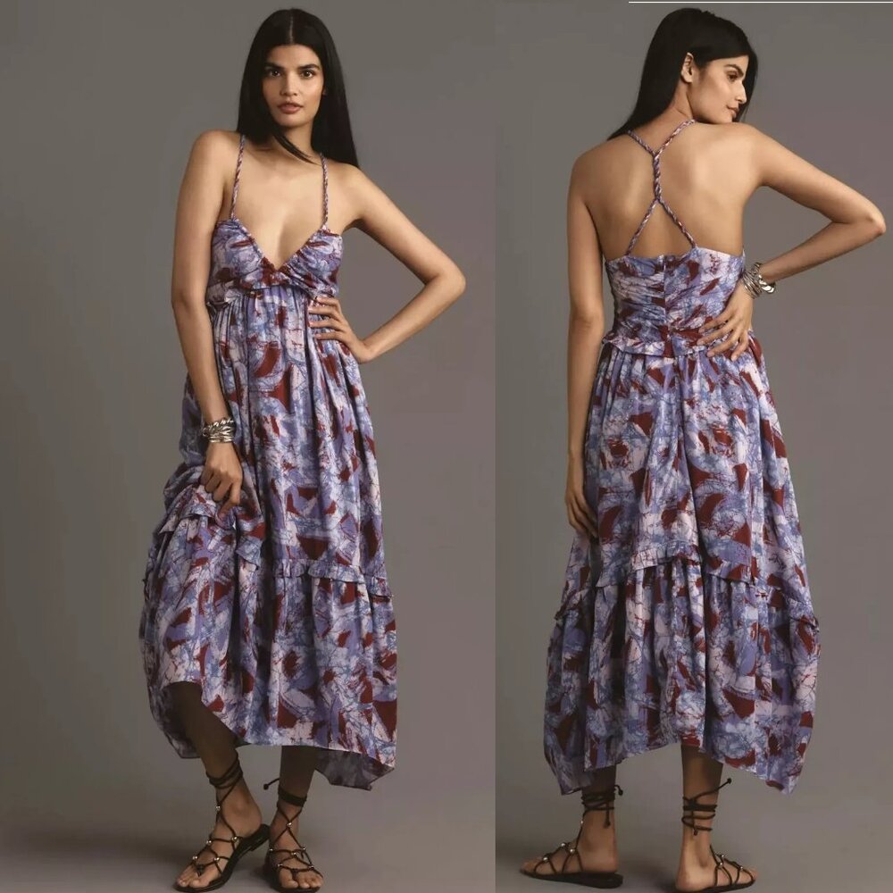 By Anthropologie Sleeveless V-Neck A-Line Midi DRESS size M new nwt blue floral